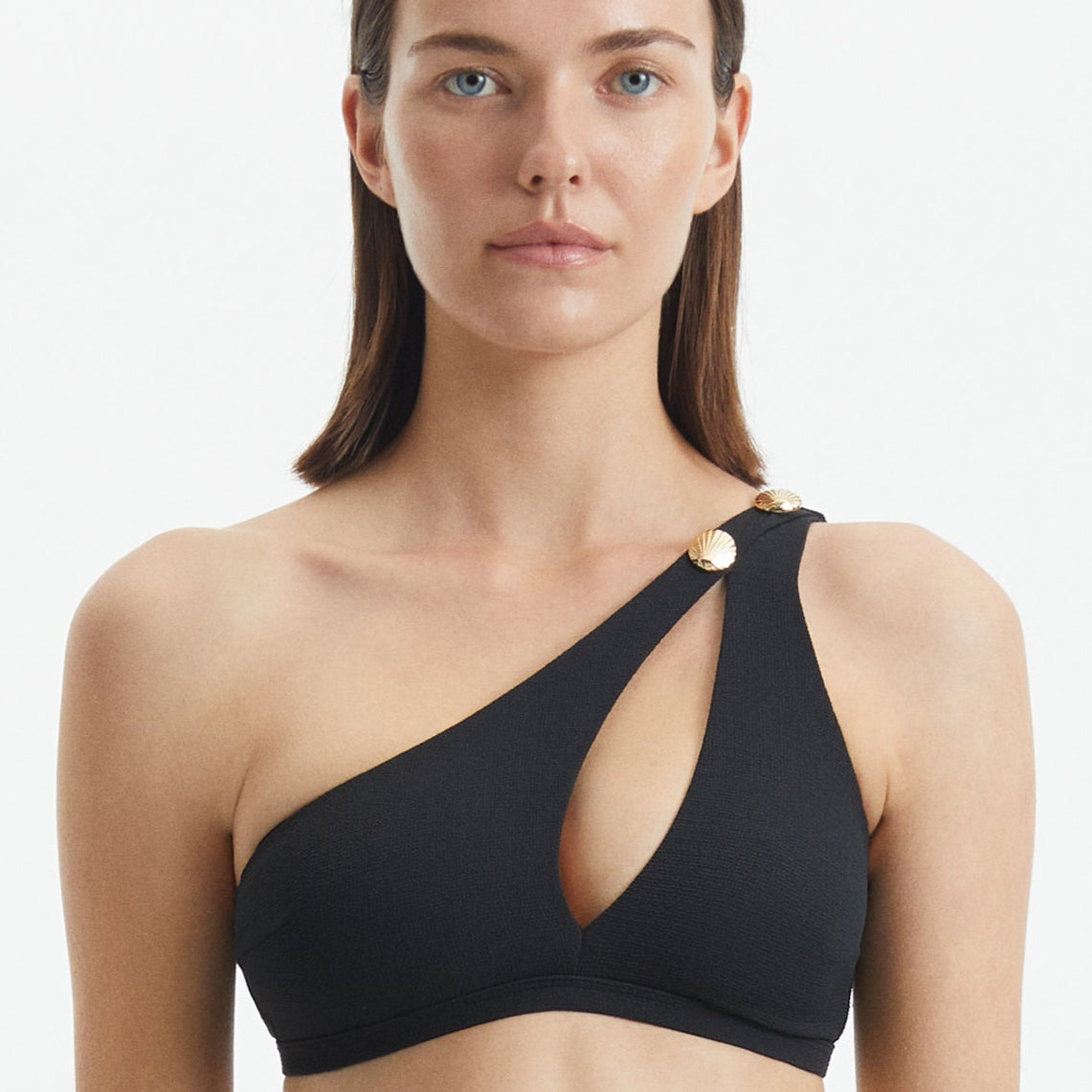 Eyre Black One Shoulder Textured Bikini Top | Moeva | Bikini Top | Each week unveils new pieces—luxury swimwear, fluid resort silhouettes, and elevated summer-to-evening essentials designed to carry you from coastal escapes to city nights.