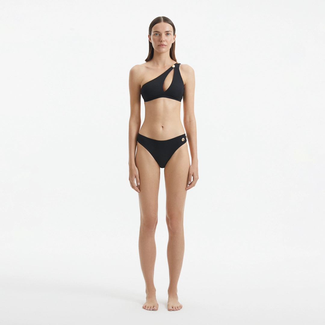 Eyre Black One Shoulder Mid Coverage Textured Bikini Set | Moeva | Bikini Set | Each week unveils new pieces—luxury swimwear, fluid resort silhouettes, and elevated summer-to-evening essentials designed to carry you from coastal escapes to city nights.