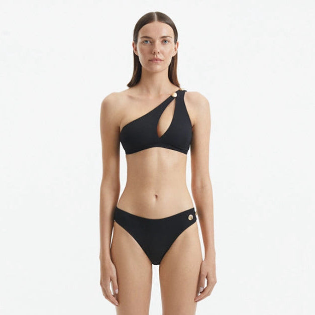 Eyre Black One Shoulder Mid Coverage Textured Bikini Set | Moeva | Bikini Set | Each week unveils new pieces—luxury swimwear, fluid resort silhouettes, and elevated summer-to-evening essentials designed to carry you from coastal escapes to city nights.