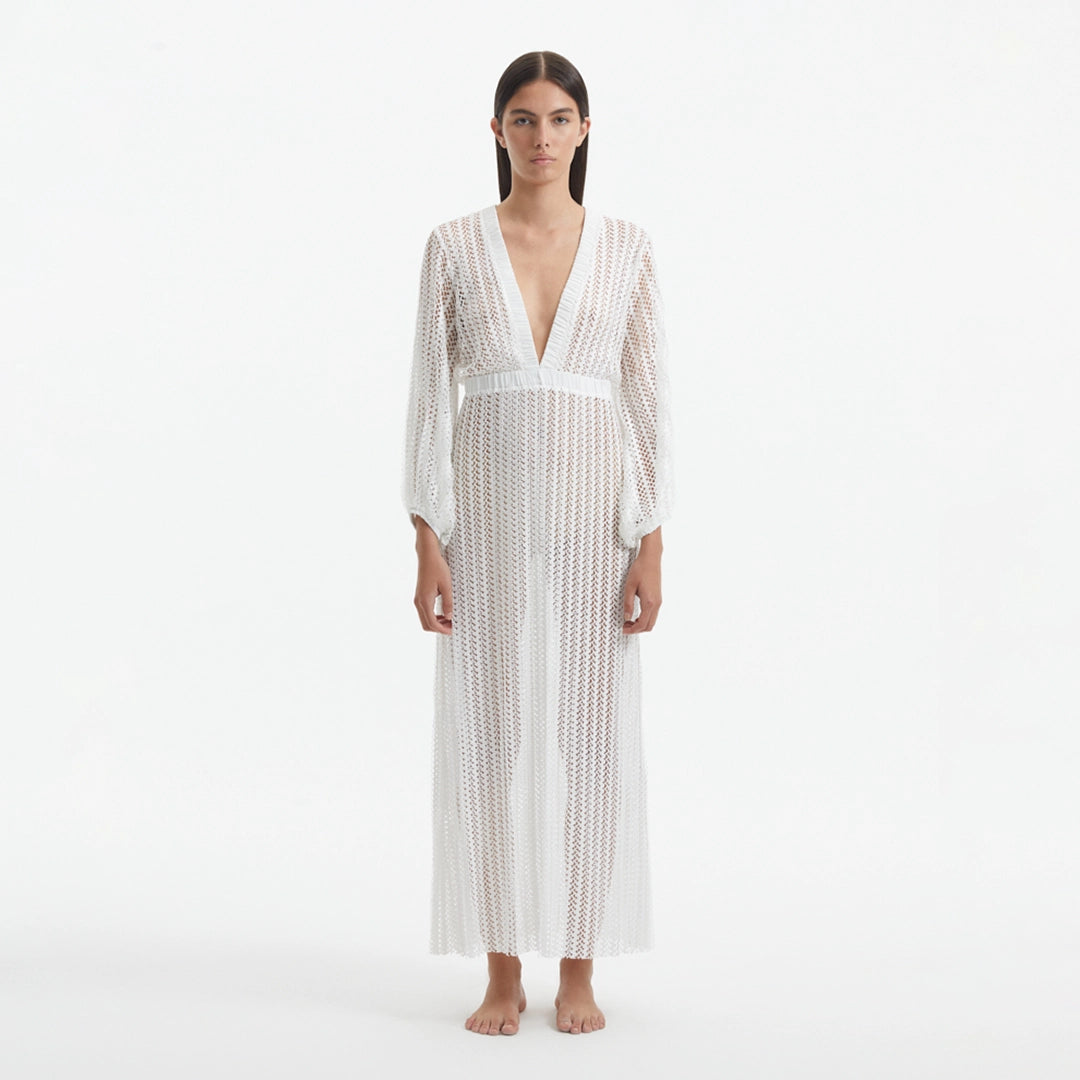 Fernanda White Knitted Mesh Long-Sleeve Maxi Dress | Moeva | Beachwear Dresses | Each week unveils new pieces—luxury swimwear, fluid resort silhouettes, and elevated summer-to-evening essentials designed to carry you from coastal escapes to city nights.