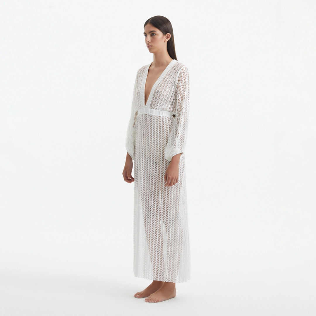 Fernanda White Knitted Mesh Long-Sleeve Maxi Dress | Moeva | Beachwear Dresses | Each week unveils new pieces—luxury swimwear, fluid resort silhouettes, and elevated summer-to-evening essentials designed to carry you from coastal escapes to city nights.