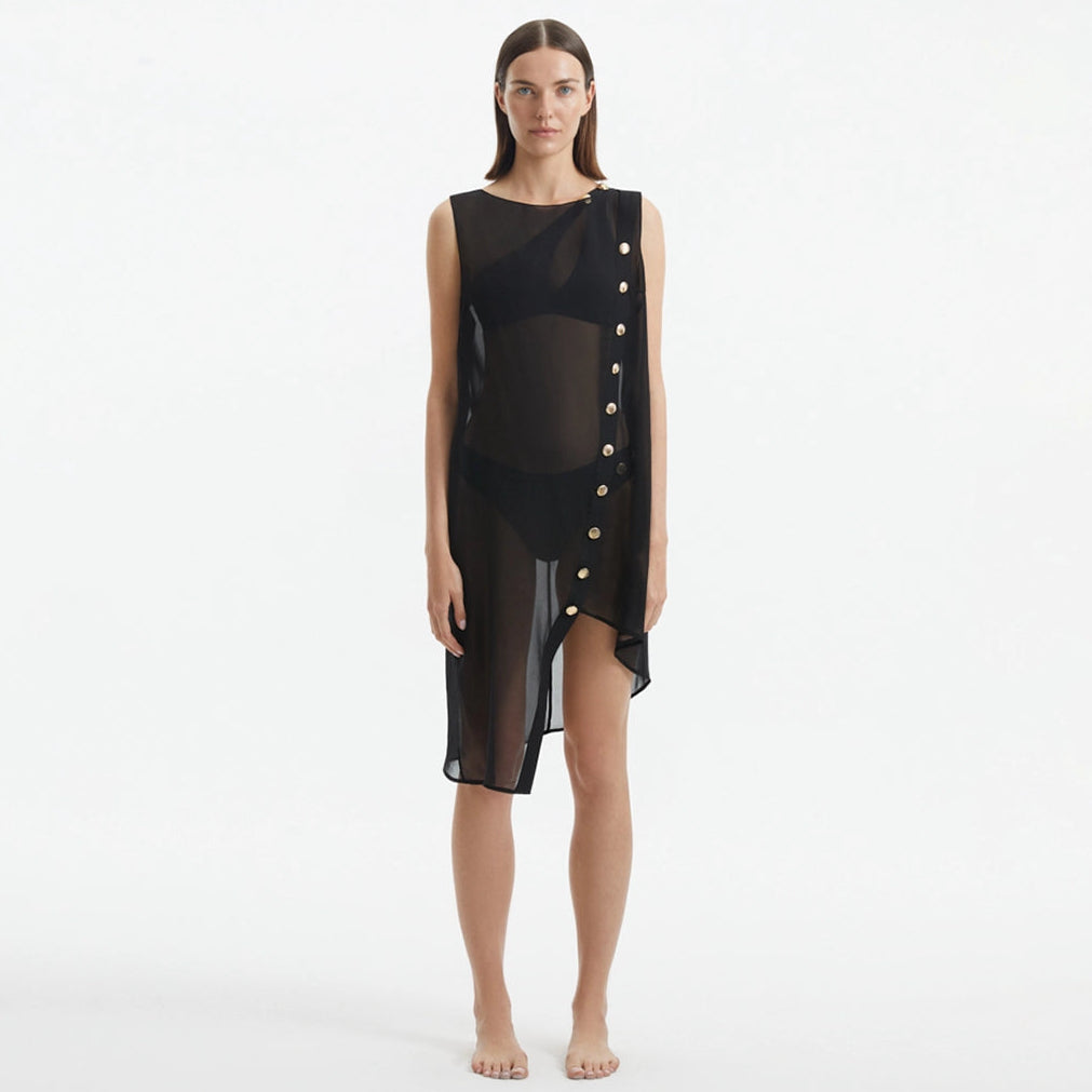 Adora Black Sheer Sleeveless Asymmetric Dress with Gold Button Detail | Moeva | Dress | Each week unveils new pieces—luxury swimwear, fluid resort silhouettes, and elevated summer-to-evening essentials designed to carry you from coastal escapes to city nights.