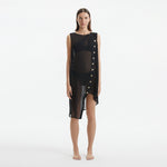 Adora Black Sheer Sleeveless Asymmetric Dress with Gold Button Detail | Moeva | Dress | Each week unveils new pieces—luxury swimwear, fluid resort silhouettes, and elevated summer-to-evening essentials designed to carry you from coastal escapes to city nights.