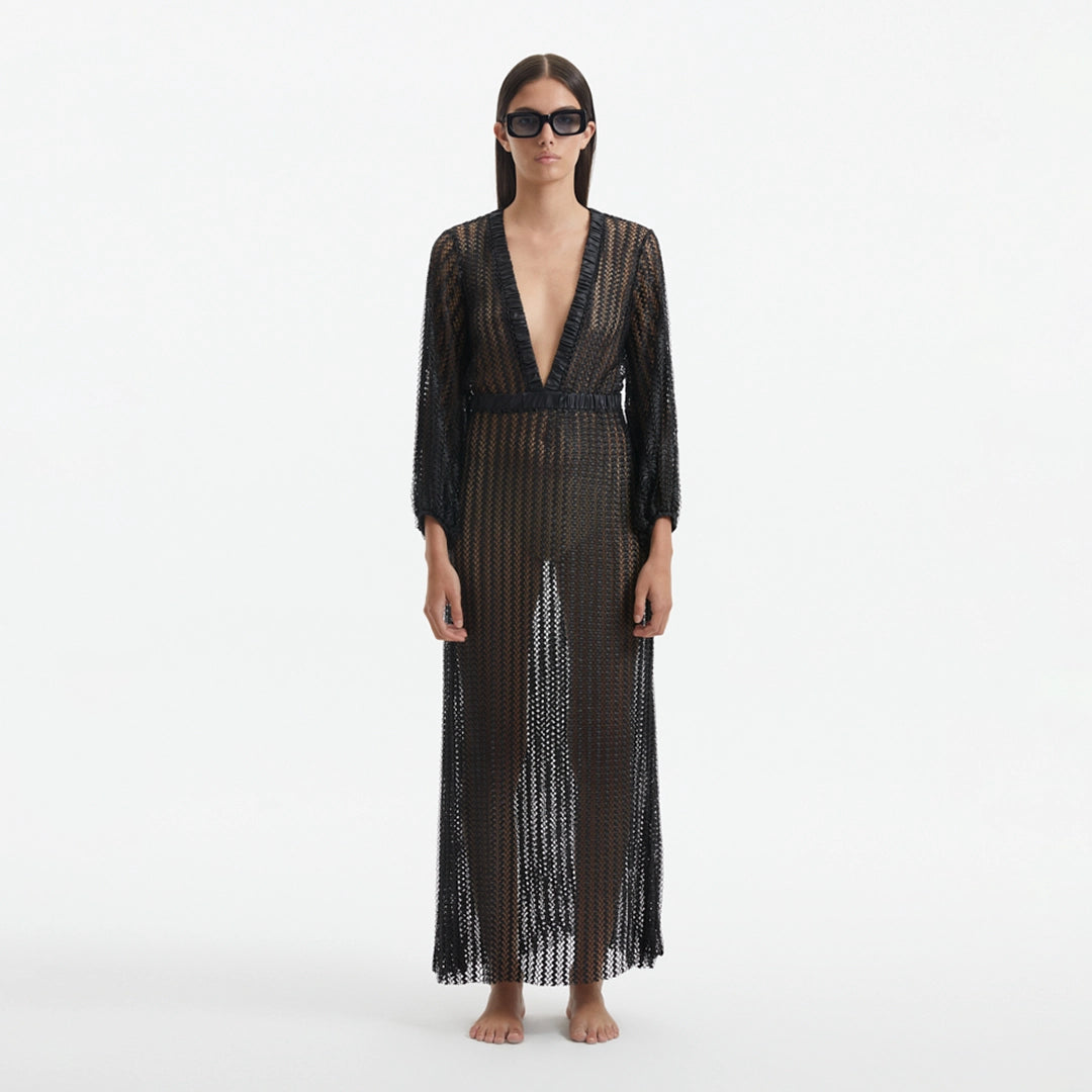 Fernanda Black Knitted Mesh Long-Sleeve Maxi Dress | Moeva | Beachwear Dresses | Each week unveils new pieces—luxury swimwear, fluid resort silhouettes, and elevated summer-to-evening essentials designed to carry you from coastal escapes to city nights.
