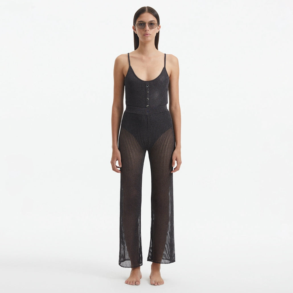Luz Silver Metallic Sheer Knit Pants | Moeva | Pants | Each week unveils new pieces—luxury swimwear, fluid resort silhouettes, and elevated summer-to-evening essentials designed to carry you from coastal escapes to city nights.