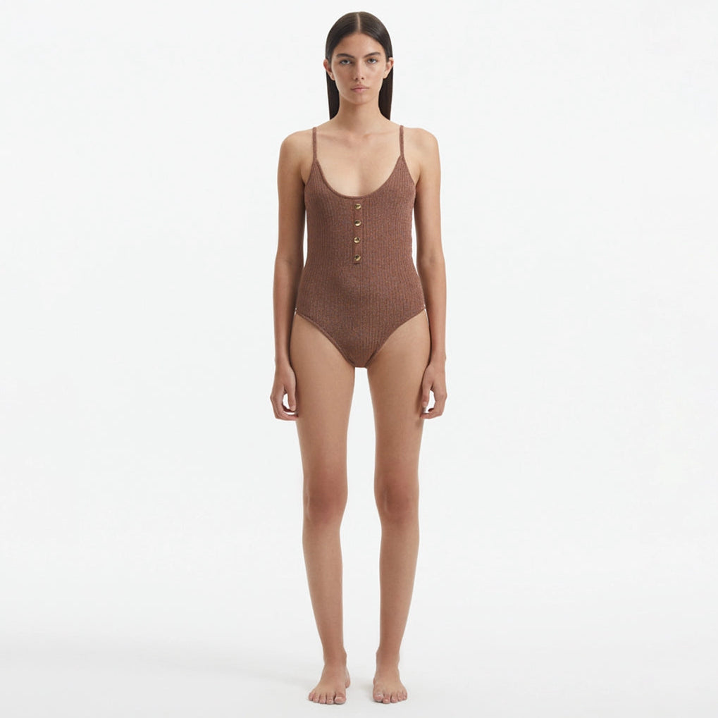 Hartley Brown Scoop Neck Metallic Knitted Swimsuit | Moeva | Swimsuit | Each week unveils new pieces—luxury swimwear, fluid resort silhouettes, and elevated summer-to-evening essentials designed to carry you from coastal escapes to city nights.