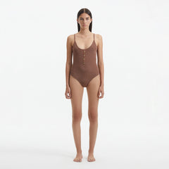 Hartley Brown Scoop Neck Metallic Knitted Swimsuit | Moeva | Swimsuit | Each week unveils new pieces—luxury swimwear, fluid resort silhouettes, and elevated summer-to-evening essentials designed to carry you from coastal escapes to city nights.