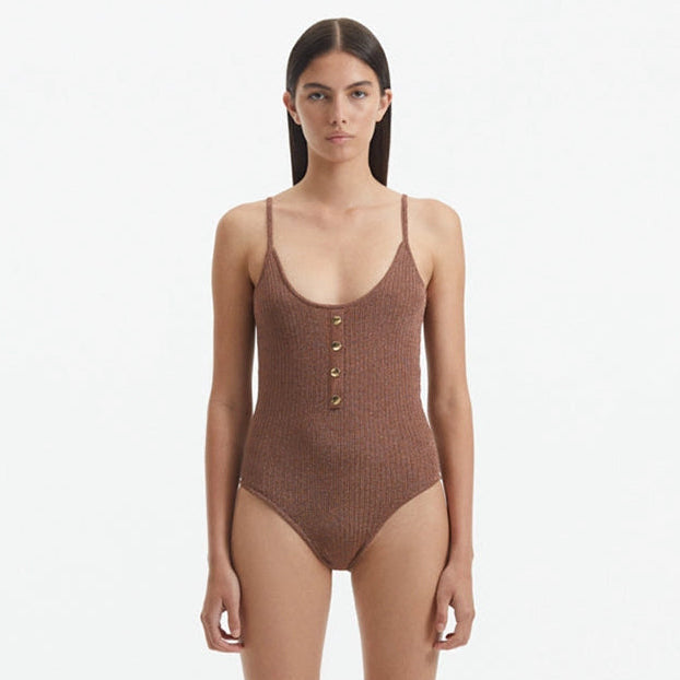 Hartley Brown Scoop Neck Metallic Knitted Swimsuit | Moeva | Swimsuit | Each week unveils new pieces—luxury swimwear, fluid resort silhouettes, and elevated summer-to-evening essentials designed to carry you from coastal escapes to city nights.