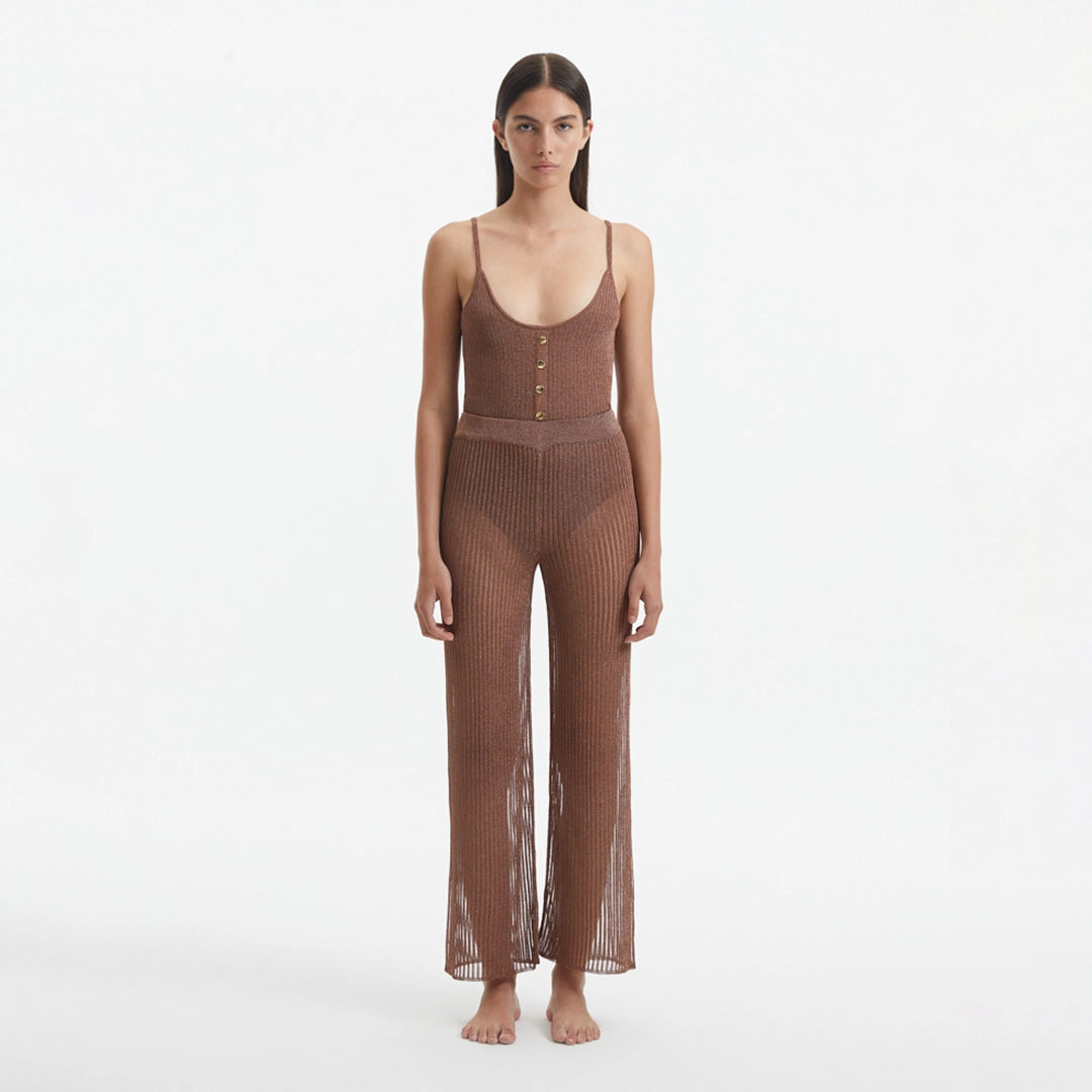 Luz Brown Metallic Sheer Knit Pants | Moeva | Women Beachwear Pants | Each week unveils new pieces—luxury swimwear, fluid resort silhouettes, and elevated summer-to-evening essentials designed to carry you from coastal escapes to city nights.