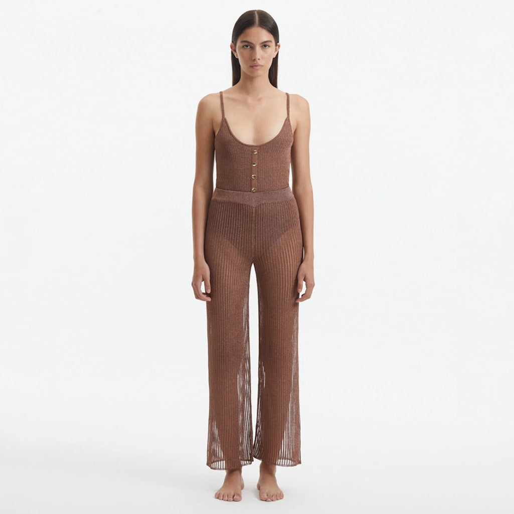 Luz Brown Metallic Sheer Knit Pants | Moeva | Pants | Each week unveils new pieces—luxury swimwear, fluid resort silhouettes, and elevated summer-to-evening essentials designed to carry you from coastal escapes to city nights.