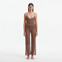 Luz Brown Metallic Sheer Knit Pants | Moeva | Women Beachwear Pants | Each week unveils new pieces—luxury swimwear, fluid resort silhouettes, and elevated summer-to-evening essentials designed to carry you from coastal escapes to city nights.