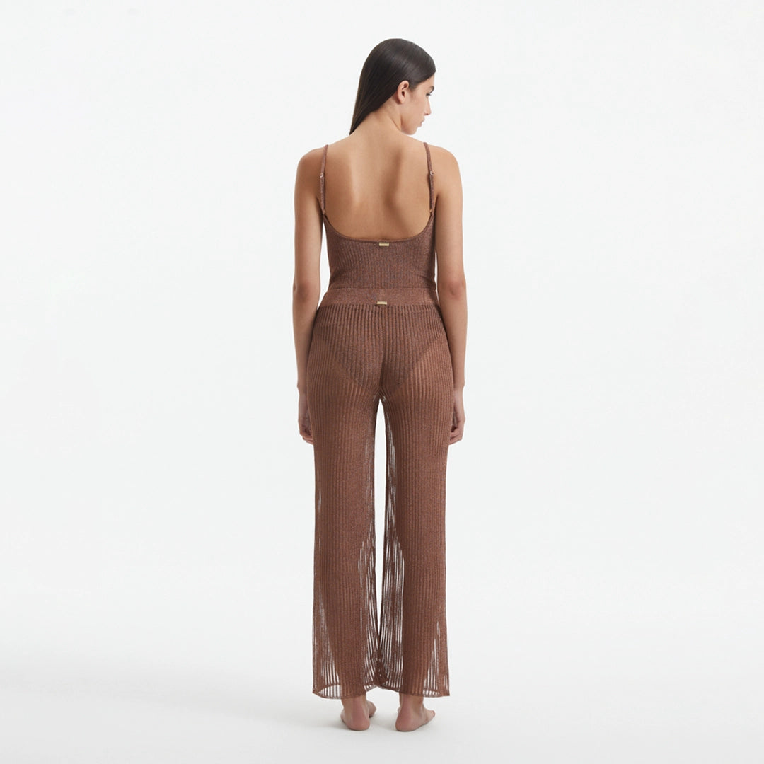 Luz Brown Metallic Sheer Knit Pants | Moeva | Women Beachwear Pants | Each week unveils new pieces—luxury swimwear, fluid resort silhouettes, and elevated summer-to-evening essentials designed to carry you from coastal escapes to city nights.