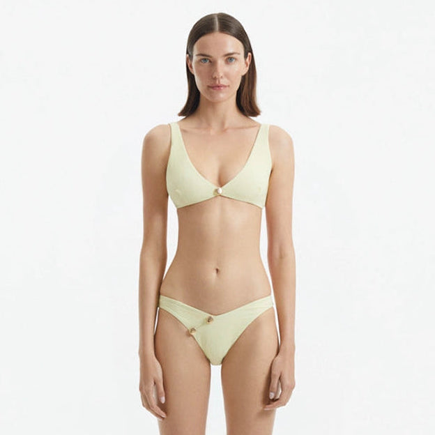 Aeron Yellow V Neck Textured Mid Coverage Bikini Set | Moeva | Bikini Set | Each week unveils new pieces—luxury swimwear, fluid resort silhouettes, and elevated summer-to-evening essentials designed to carry you from coastal escapes to city nights.