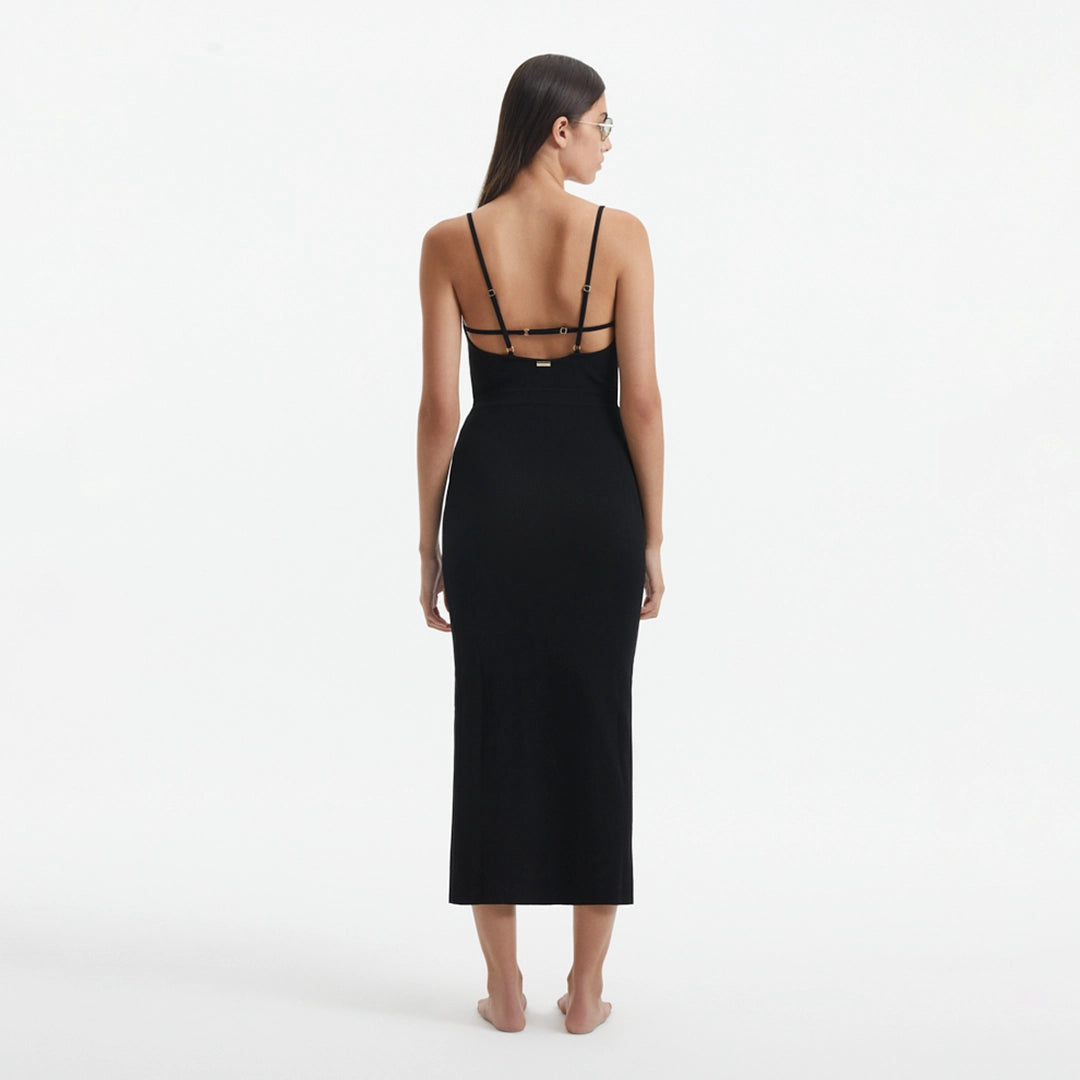 Beau Black Sleeveless Knitted Long Dress with Side Slit | Moeva | RTW Dresses | Each week unveils new pieces—luxury swimwear, fluid resort silhouettes, and elevated summer-to-evening essentials designed to carry you from coastal escapes to city nights.