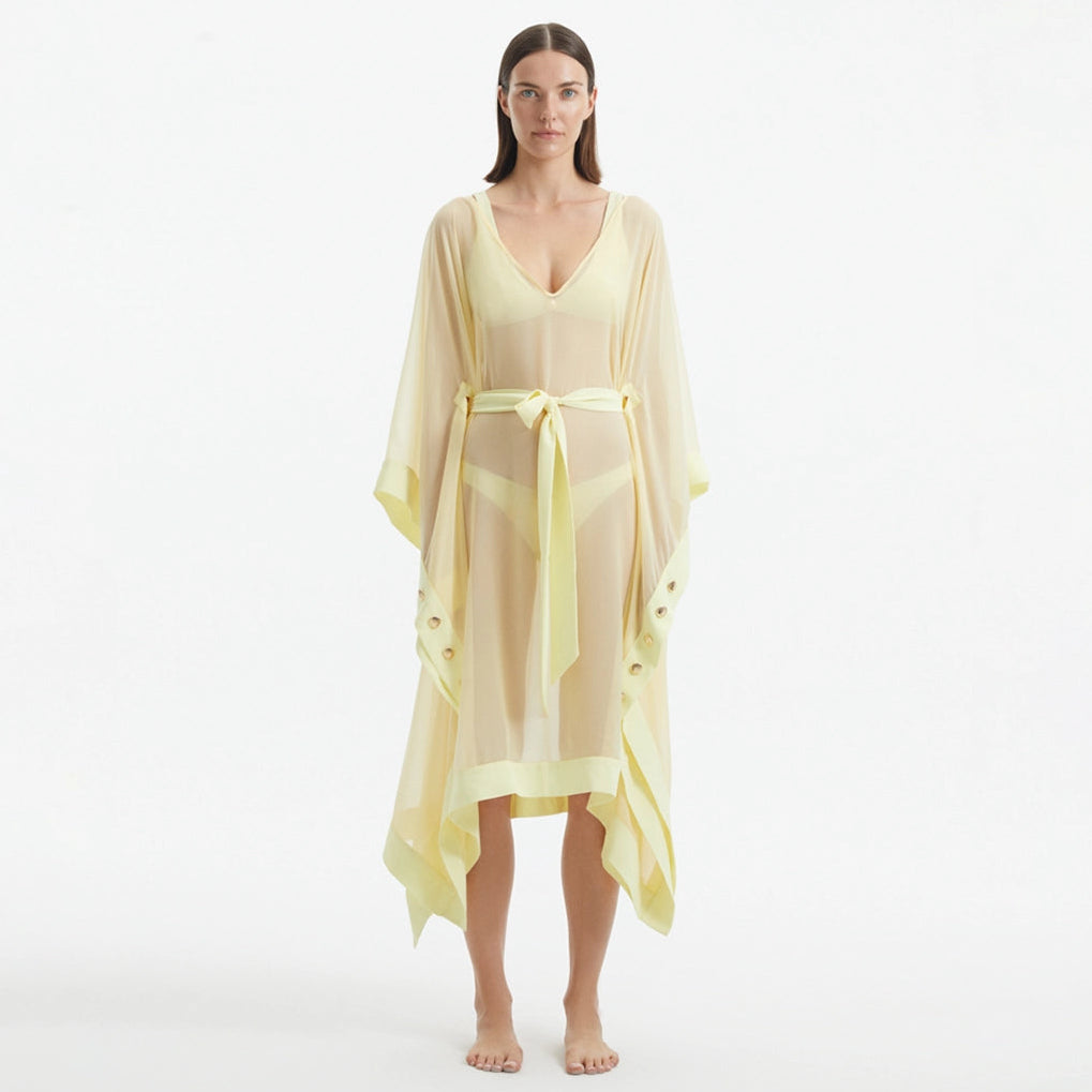 Opal Yellow Sheer Gold Buttoned Belted Kaftan | Moeva | Kaftan | Each week unveils new pieces—luxury swimwear, fluid resort silhouettes, and elevated summer-to-evening essentials designed to carry you from coastal escapes to city nights.
