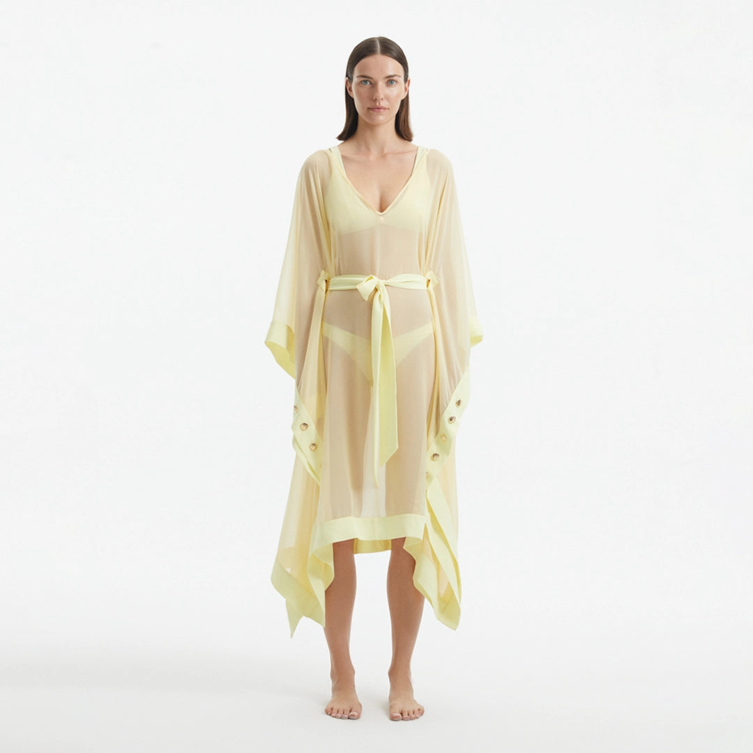 Opal Yellow Sheer Gold Buttoned Belted Kaftan | Moeva | Kaftans | Each week unveils new pieces—luxury swimwear, fluid resort silhouettes, and elevated summer-to-evening essentials designed to carry you from coastal escapes to city nights.