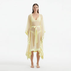 Opal Yellow Sheer Gold Buttoned Belted Kaftan | Moeva | Kaftans | Each week unveils new pieces—luxury swimwear, fluid resort silhouettes, and elevated summer-to-evening essentials designed to carry you from coastal escapes to city nights.