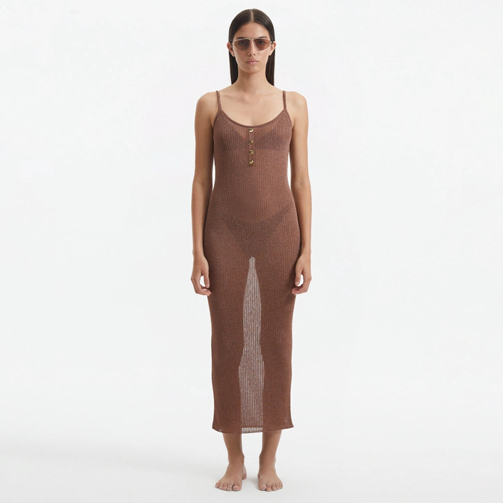 Lulusar Brown Metallic Knitted Maxi Dress | Moeva | Dress | Each week unveils new pieces—luxury swimwear, fluid resort silhouettes, and elevated summer-to-evening essentials designed to carry you from coastal escapes to city nights.