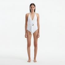 Imelda White Halterneck Swimsuit with Gold Detail | Moeva | Swimsuit | Each week unveils new pieces—luxury swimwear, fluid resort silhouettes, and elevated summer-to-evening essentials designed to carry you from coastal escapes to city nights.