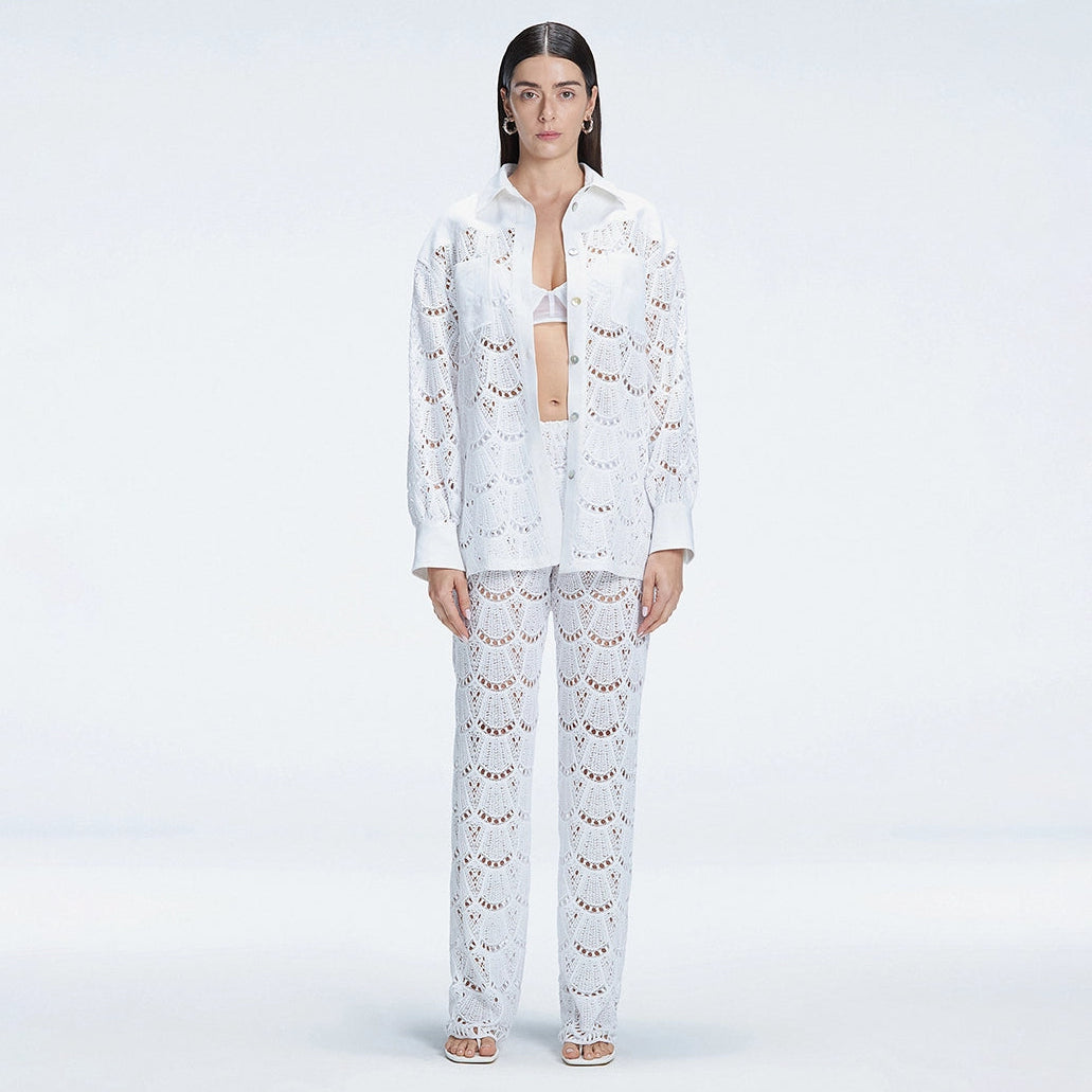 Nola White Crochet Shirt & Elysia White Crochet High-Waist Pants Set | Moeva | Set | Each week unveils new pieces—luxury swimwear, fluid resort silhouettes, and elevated summer-to-evening essentials designed to carry you from coastal escapes to city nights.