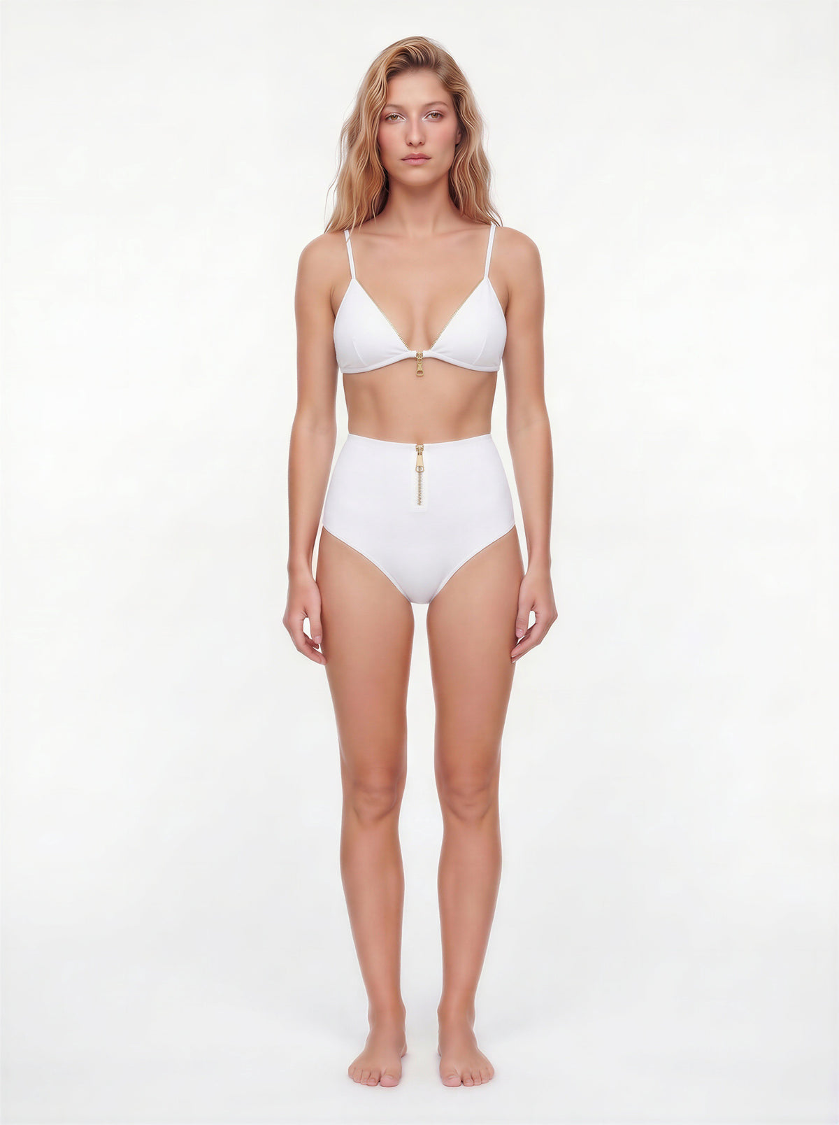 Nyrelle White High-Waisted Bikini Bottom with Gold Zip