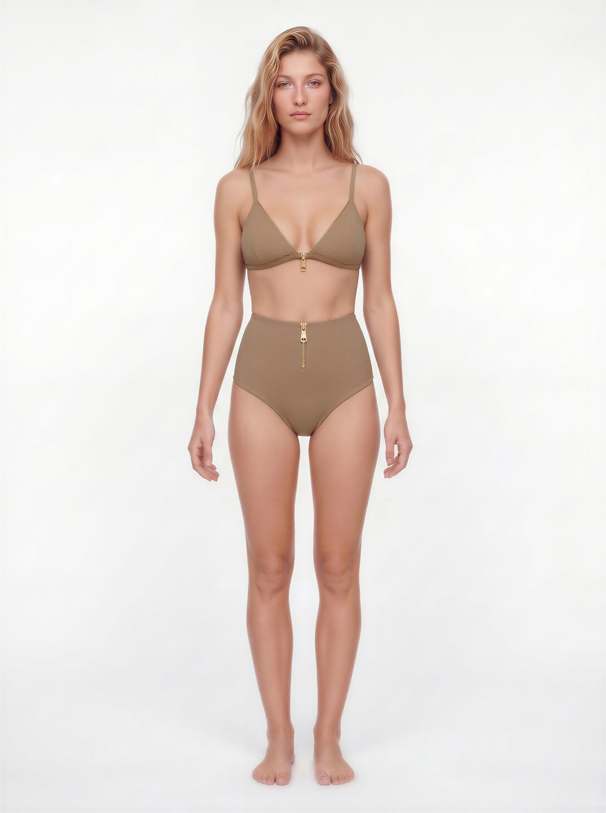 Nyrelle Nude High-Waisted Bikini Bottom with Gold Zip