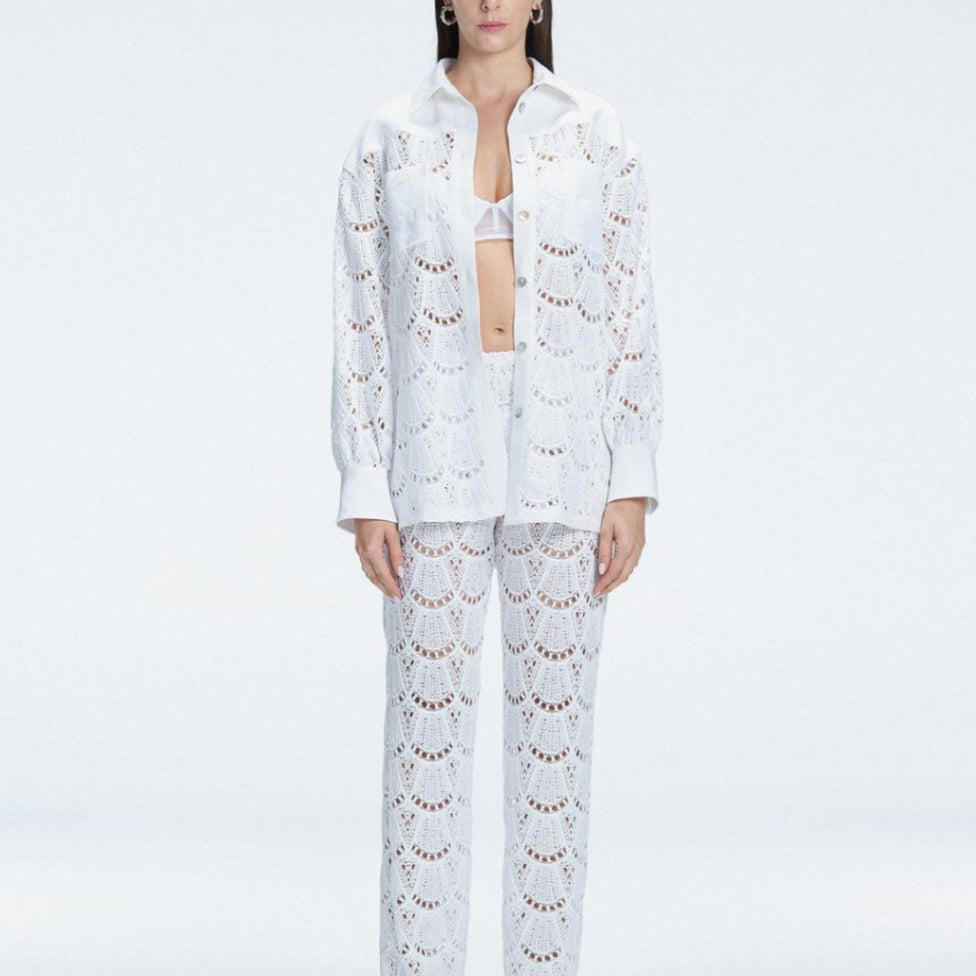 Julia Mateian - Nola White Crochet Shirt & Elysia White Crochet High-Waist Pants Set | Moeva | Set | Each week unveils new pieces—luxury swimwear, fluid resort silhouettes, and elevated summer-to-evening essentials designed to carry you from coastal escapes to city nights.
