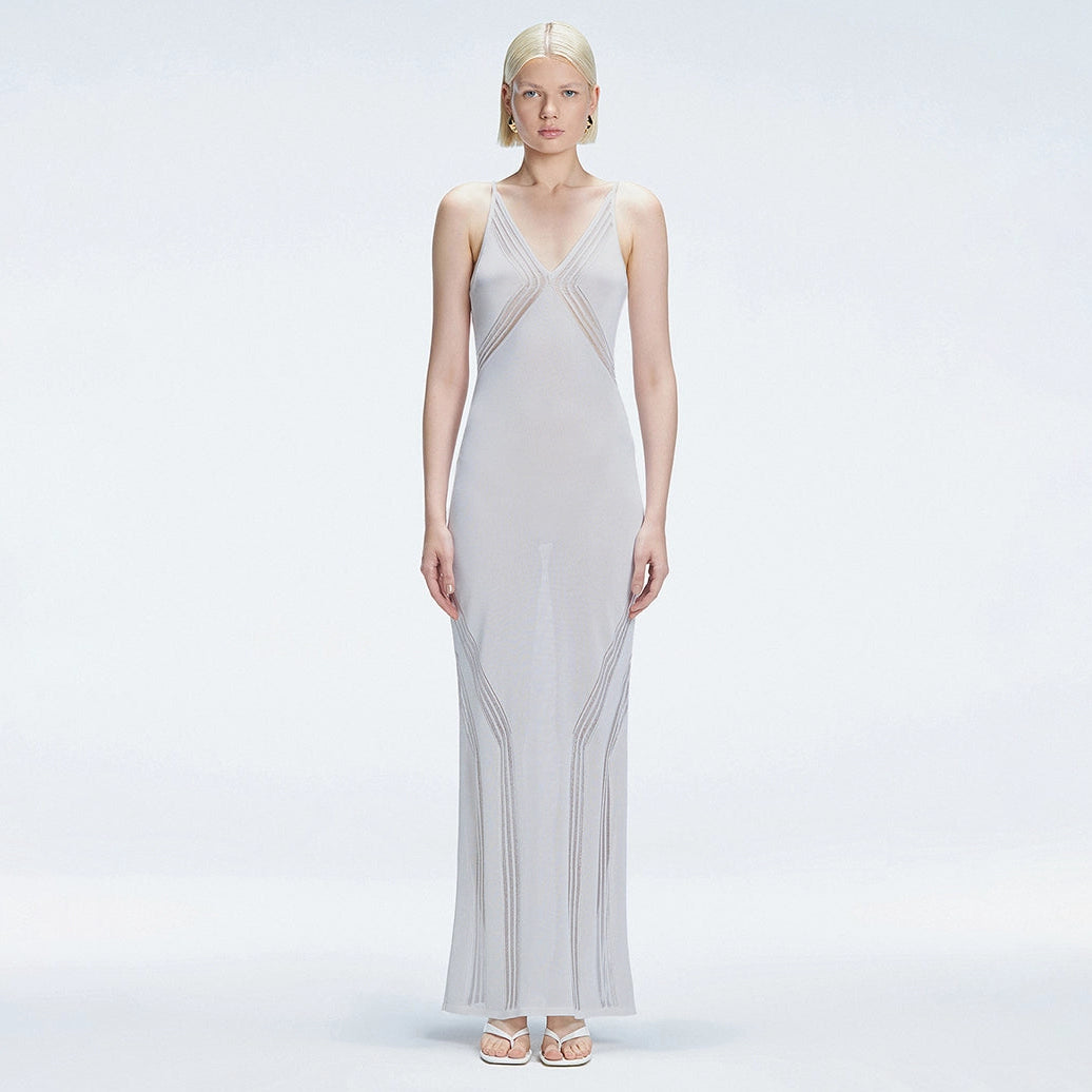 Odessa Silver V Neck Knit Maxi Dress | Moeva | Dress | Each week unveils new pieces—luxury swimwear, fluid resort silhouettes, and elevated summer-to-evening essentials designed to carry you from coastal escapes to city nights.