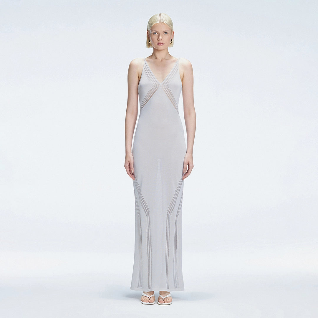 Odessa Silver V Neck Knit Maxi Dress | Moeva | Dress | Each week unveils new pieces—luxury swimwear, fluid resort silhouettes, and elevated summer-to-evening essentials designed to carry you from coastal escapes to city nights.