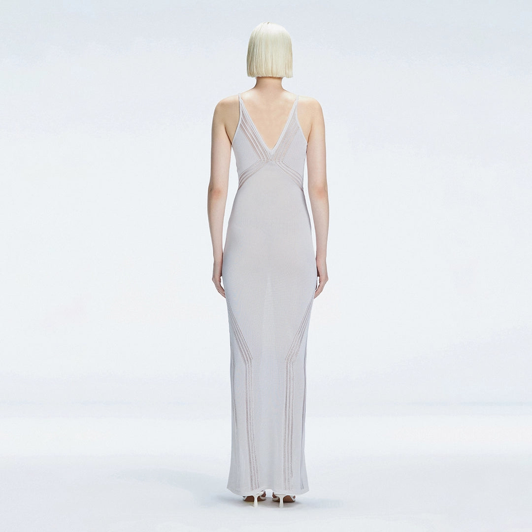 Odessa Silver V Neck Knit Maxi Dress | Moeva | Dress | Each week unveils new pieces—luxury swimwear, fluid resort silhouettes, and elevated summer-to-evening essentials designed to carry you from coastal escapes to city nights.