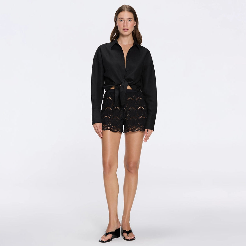 Ophelia Black Crochet Detail High-Waist Shorts | Moeva | Shorts | Each week unveils new pieces—luxury swimwear, fluid resort silhouettes, and elevated summer-to-evening essentials designed to carry you from coastal escapes to city nights.