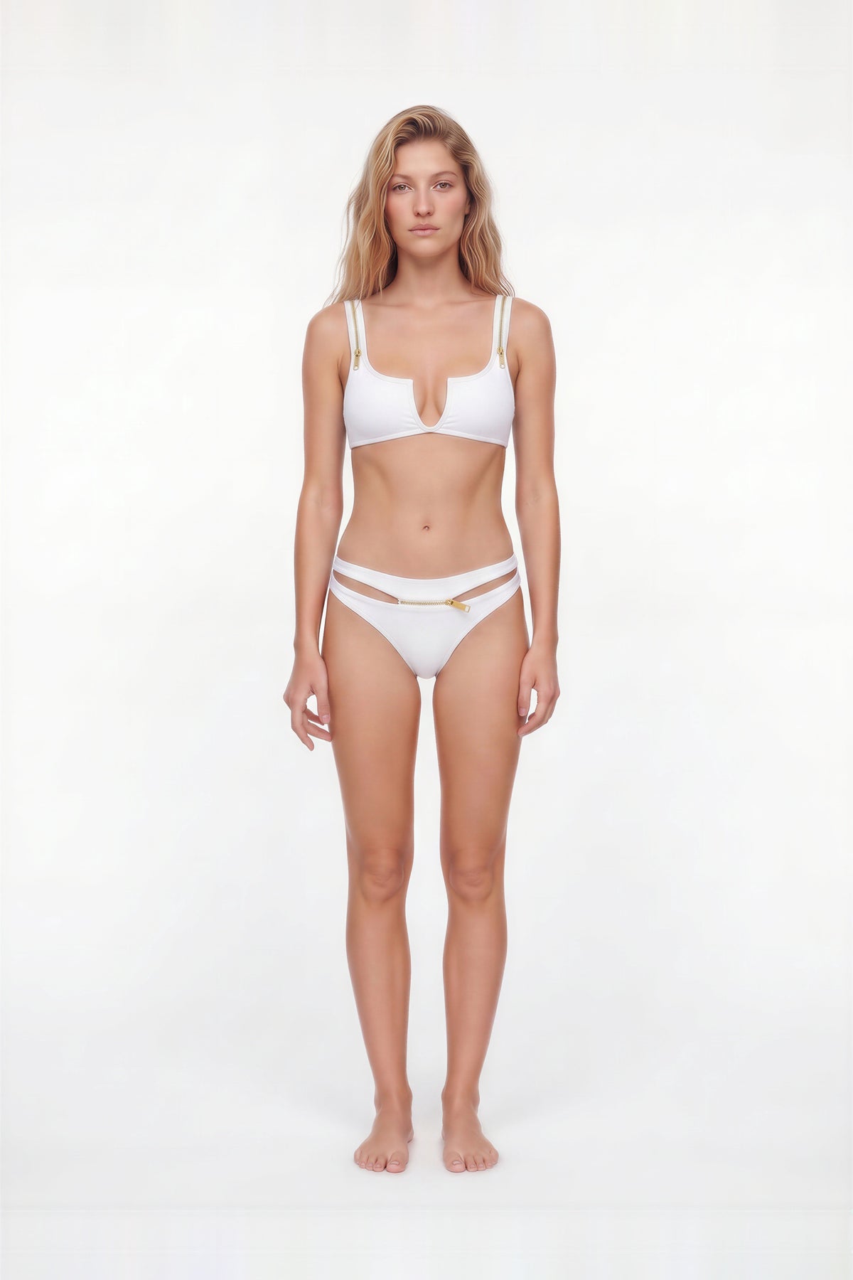 Oriessa White U Neck Top & Low Waist Cut-Out Bikini Set