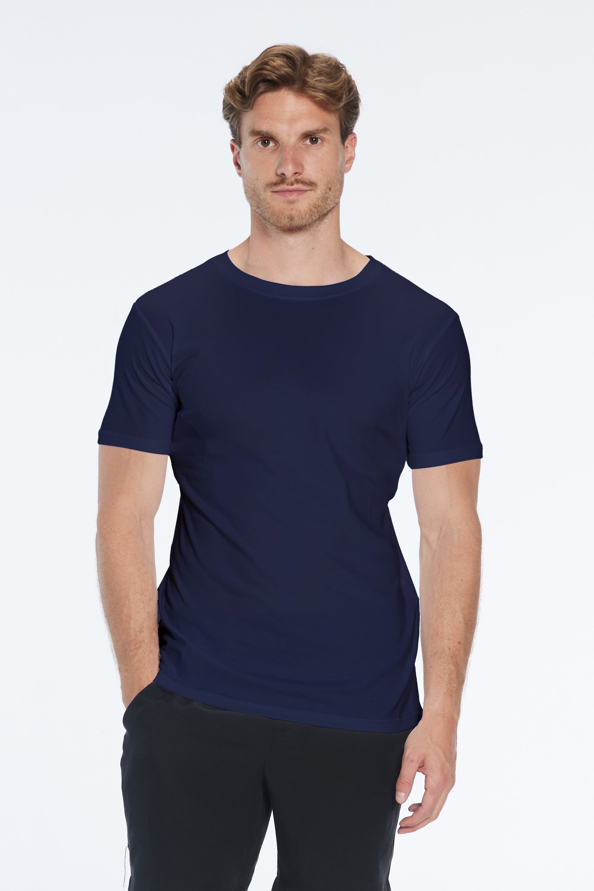 Oscar Dark Blue Round Neck T-Shirt | Moeva | T-Shirt | Each week unveils new pieces—luxury swimwear, fluid resort silhouettes, and elevated summer-to-evening essentials designed to carry you from coastal escapes to city nights.