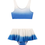 Peachy Blue/White Kids Bikini Top laid flat, highlighting the scoop neck and vibrant blue/white design.
