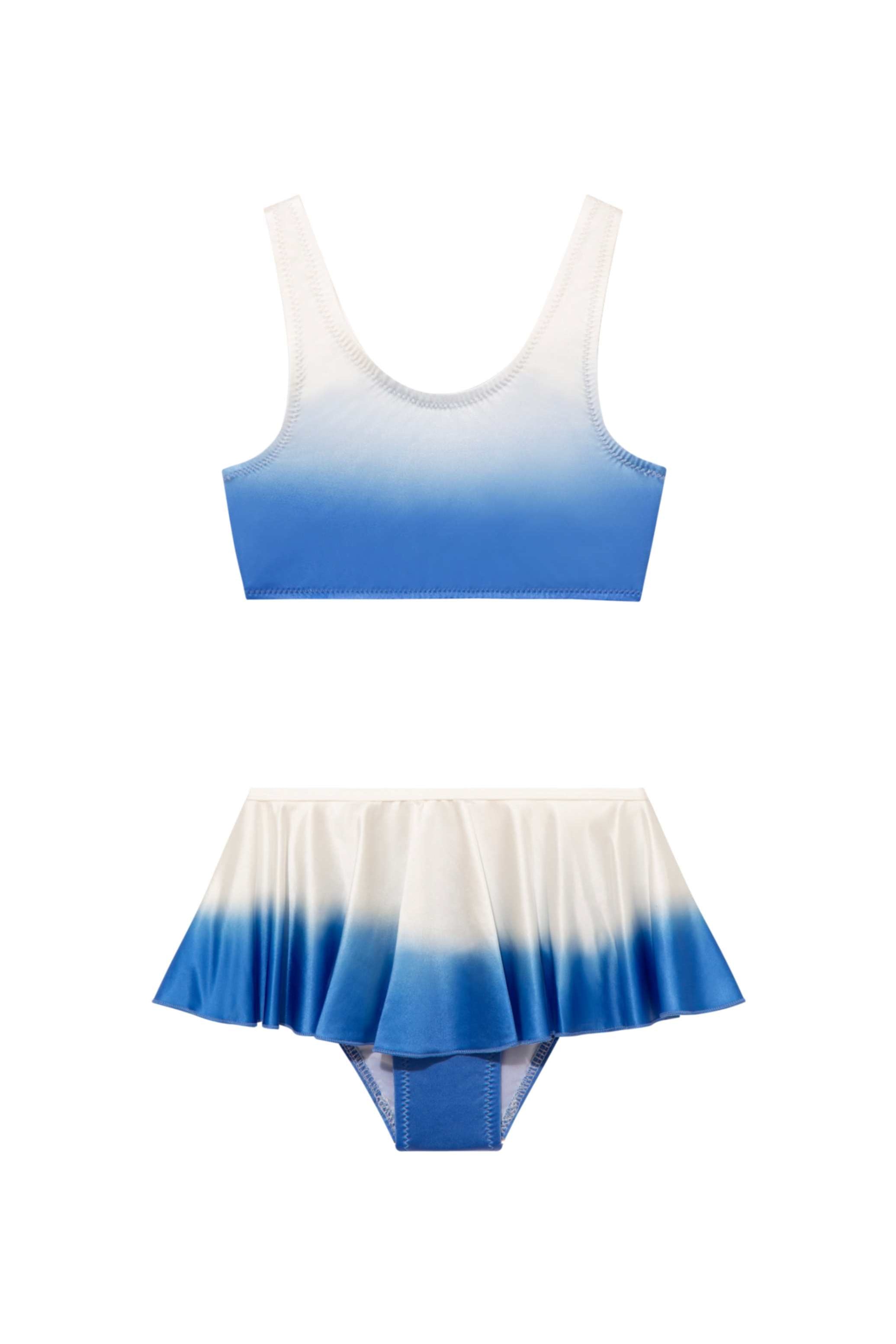 Peachy Blue/White Kids Bikini Top laid flat, highlighting the scoop neck and vibrant blue/white design.
