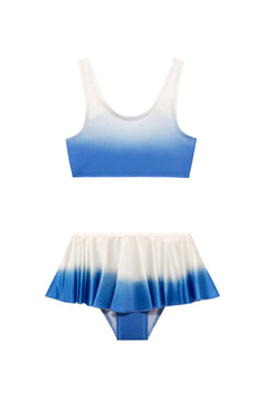 Peachy Blue/White Kids Bikini Top laid flat, highlighting the scoop neck and vibrant blue/white design.
