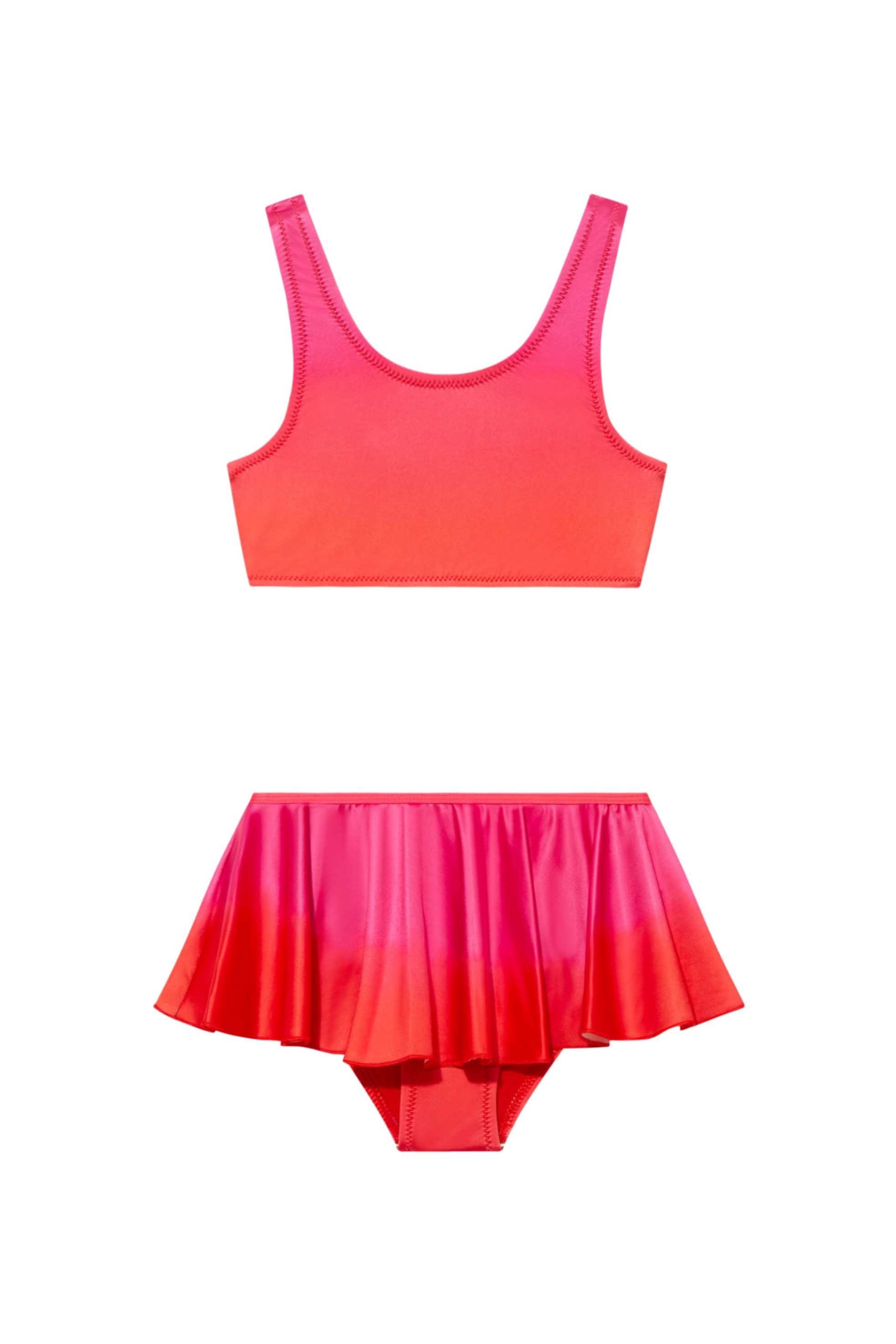 Peachy Red/Pink Kids Bikini Top laid flat, displaying the striking red-pink print and scoop neck design.
