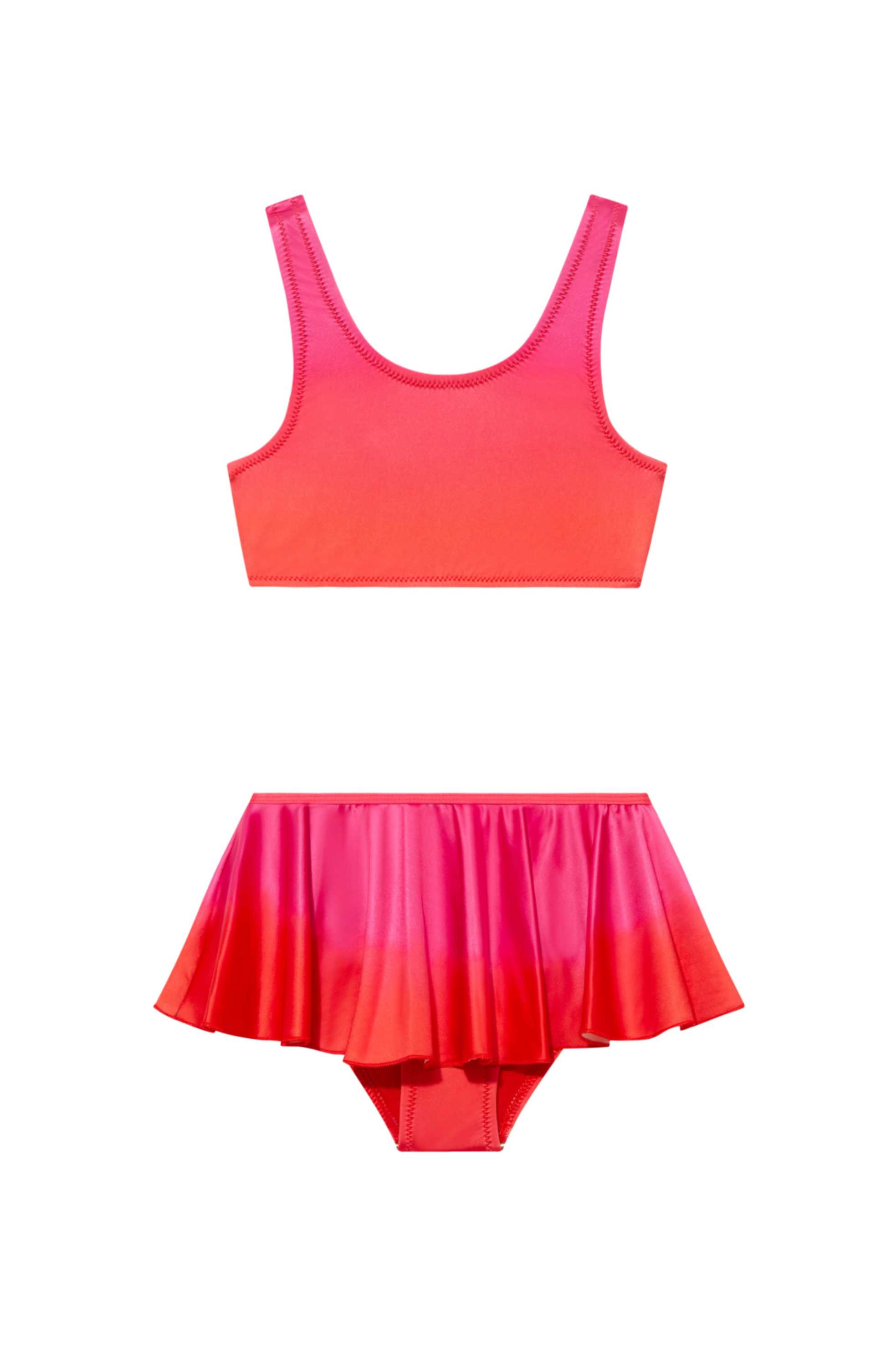 Peachy Red/Pink Kids Bikini Top laid flat, displaying the striking red-pink print and scoop neck design.
