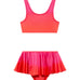 Peachy Red/Pink Kids Bikini Top laid flat, displaying the striking red-pink print and scoop neck design.
