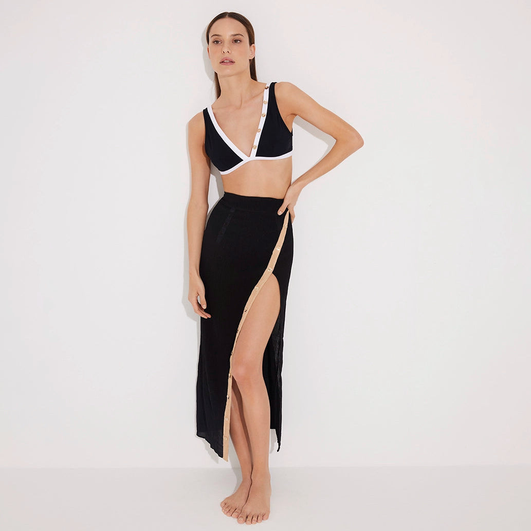 Pina Black/White Asymmetric Gold Button Maxi Skirt | Moeva | Skirt | Each week unveils new pieces—luxury swimwear, fluid resort silhouettes, and elevated summer-to-evening essentials designed to carry you from coastal escapes to city nights.
