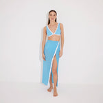 Pina Blue/White Asymmetric Gold Button Maxi Skirt | Moeva | Beachwear Skirts | Each week unveils new pieces—luxury swimwear, fluid resort silhouettes, and elevated summer-to-evening essentials designed to carry you from coastal escapes to city nights.