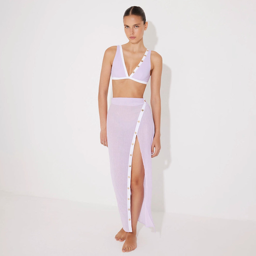Pina Lilac/White Asymmetric Gold Button Maxi Skirt | Moeva | Skirt | Each week unveils new pieces—luxury swimwear, fluid resort silhouettes, and elevated summer-to-evening essentials designed to carry you from coastal escapes to city nights.