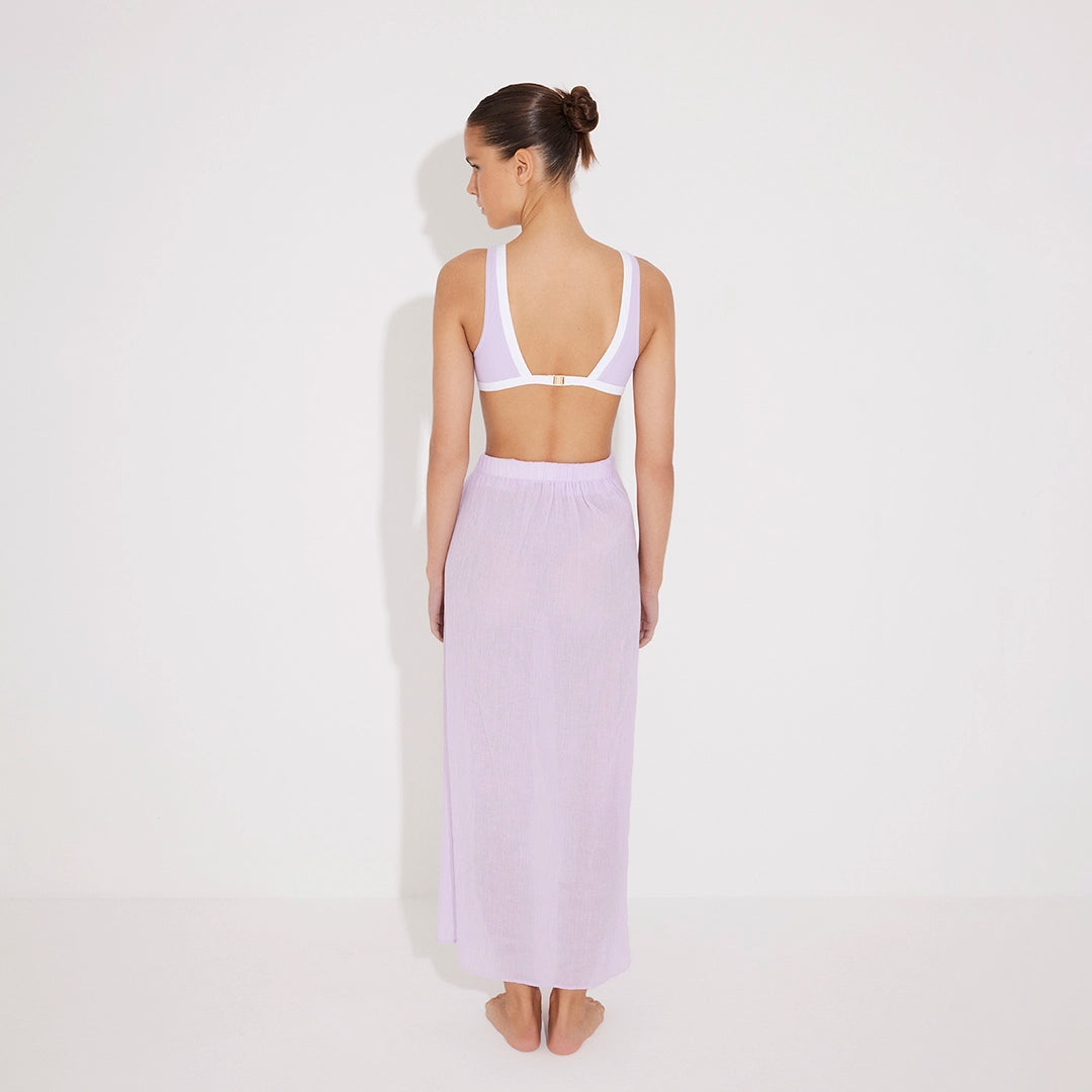 Pina Lilac/White Asymmetric Gold Button Maxi Skirt | Moeva | Beachwear Skirts | Each week unveils new pieces—luxury swimwear, fluid resort silhouettes, and elevated summer-to-evening essentials designed to carry you from coastal escapes to city nights.