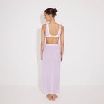Pina Lilac/White Asymmetric Gold Button Maxi Skirt | Moeva | Beachwear Skirts | Each week unveils new pieces—luxury swimwear, fluid resort silhouettes, and elevated summer-to-evening essentials designed to carry you from coastal escapes to city nights.