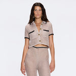 Ramatuelle Knitted Shirt-Style Gold Buttoned Grey-Black Crop Top | Moeva | Crop Top | Each week unveils new pieces—luxury swimwear, fluid resort silhouettes, and elevated summer-to-evening essentials designed to carry you from coastal escapes to city nights.