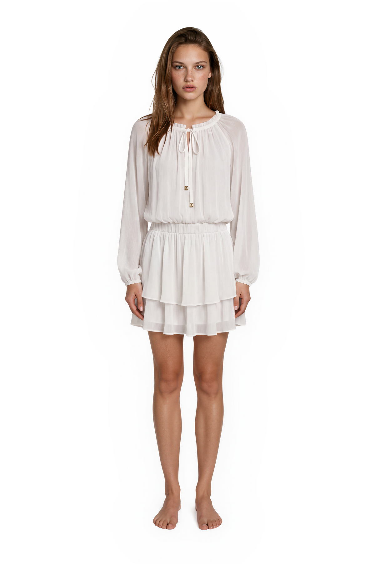 Rena White Silk Tie-Neck Mini Dress by Moeva | Dress from MOEVA's luxury swimwear and resortwear collection, perfect for beach days, resort escapes and summer styling.