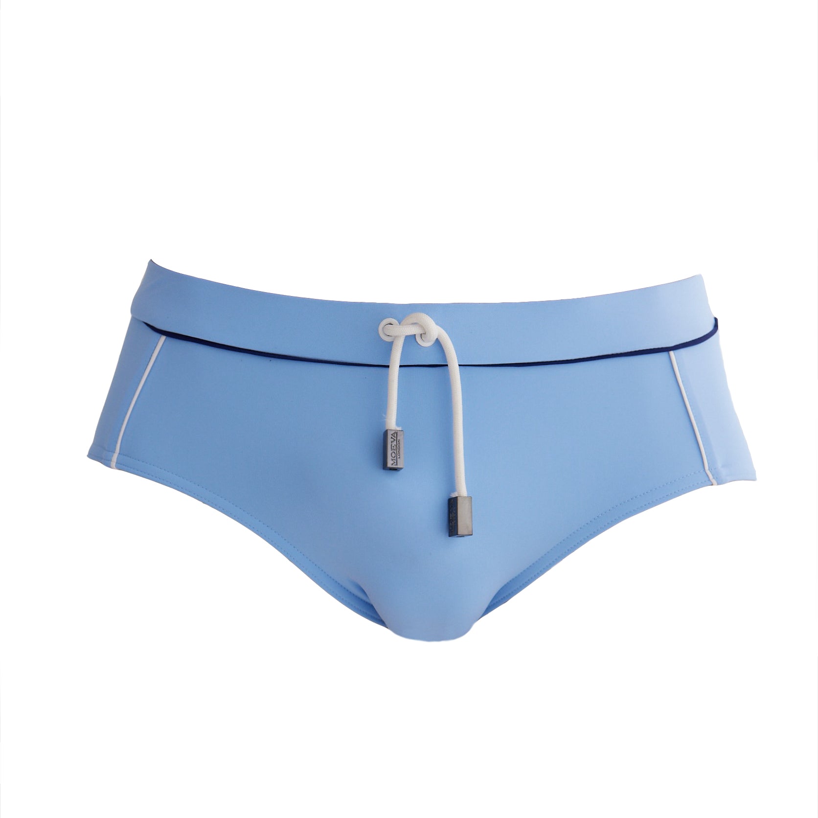 Ricardo Baby Blue/Blue/White Quick Dry Swim Briefs with Drawcord | Moeva | Briefs | Each week unveils new pieces—luxury swimwear, fluid resort silhouettes, and elevated summer-to-evening essentials designed to carry you from coastal escapes to city nights.