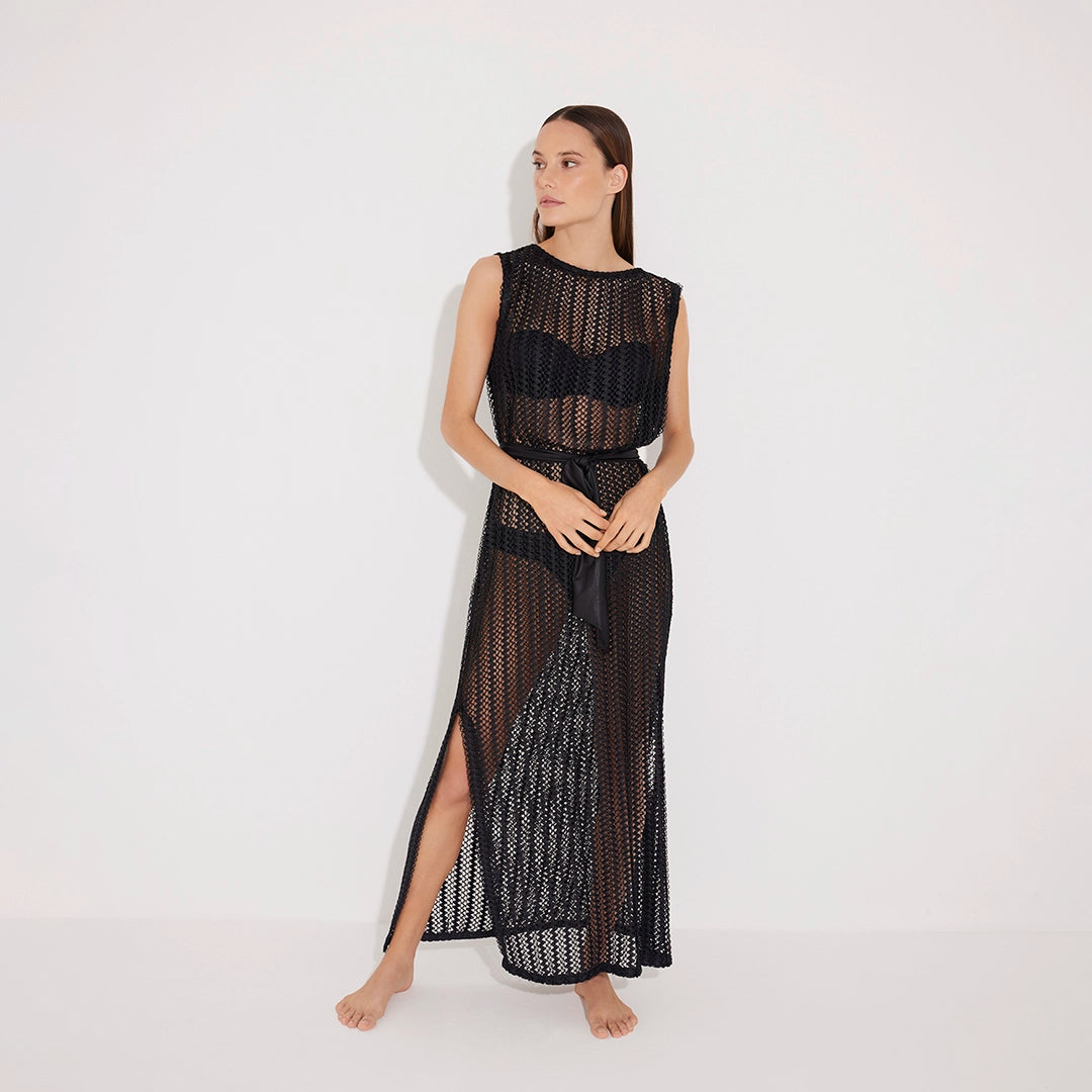 Roma Black Knit Belted Maxi Dress | Moeva | Beachwear Dresses | Each week unveils new pieces—luxury swimwear, fluid resort silhouettes, and elevated summer-to-evening essentials designed to carry you from coastal escapes to city nights.