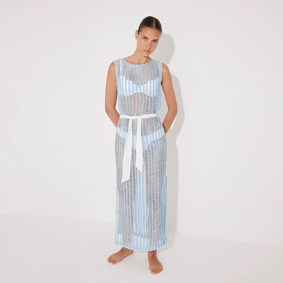 Roma Blue/White Knit Belted Maxi Dress | Moeva | Beachwear Dresses | Each week unveils new pieces—luxury swimwear, fluid resort silhouettes, and elevated summer-to-evening essentials designed to carry you from coastal escapes to city nights.