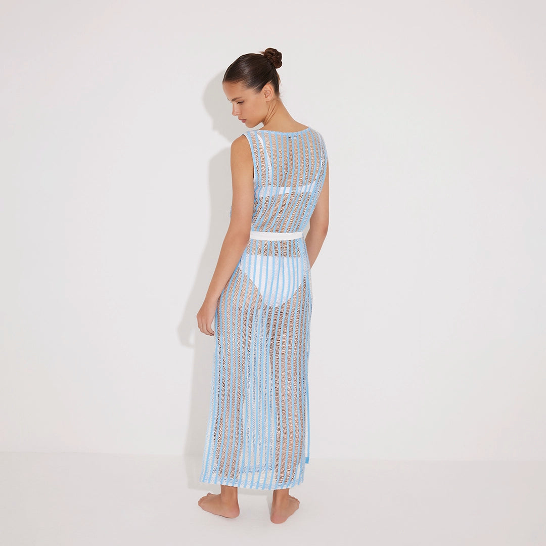 Roma Blue/White Knit Belted Maxi Dress | Moeva | Beachwear Dresses | Each week unveils new pieces—luxury swimwear, fluid resort silhouettes, and elevated summer-to-evening essentials designed to carry you from coastal escapes to city nights.